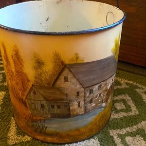 Vintage FOLK ART HAND PAINTED Metal Bucket—FARMHOUSE*